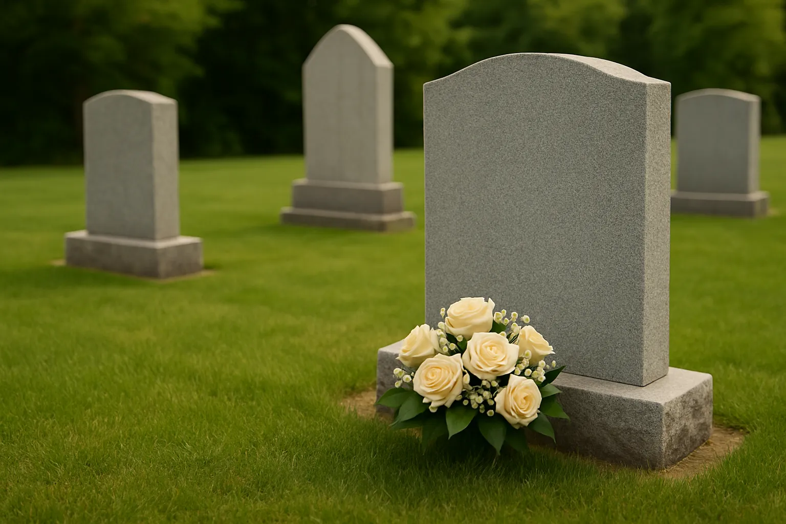 Granite cemetery headstone with a bouquet of cream roses placed at its base on a peaceful green lawn