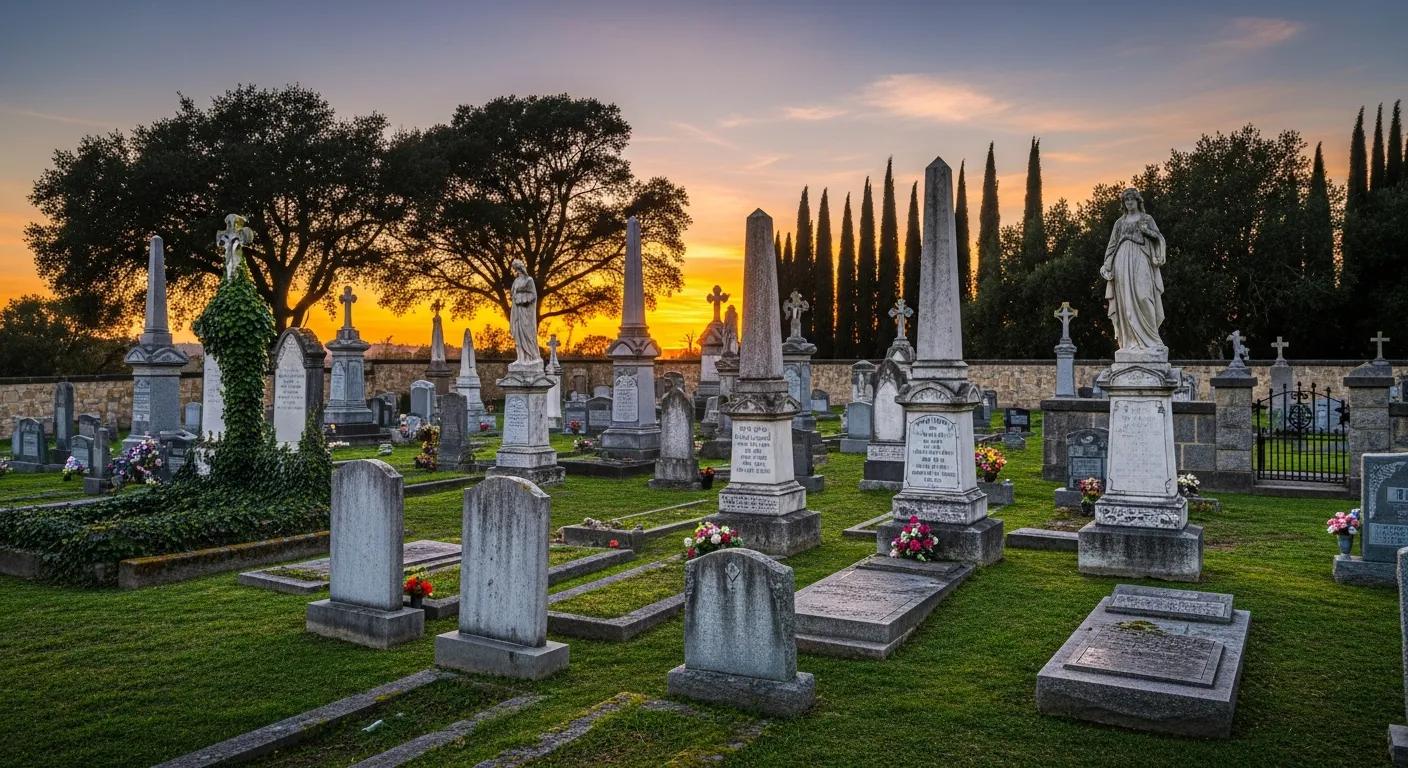 Assorted grave markers in a peaceful cemetery setting