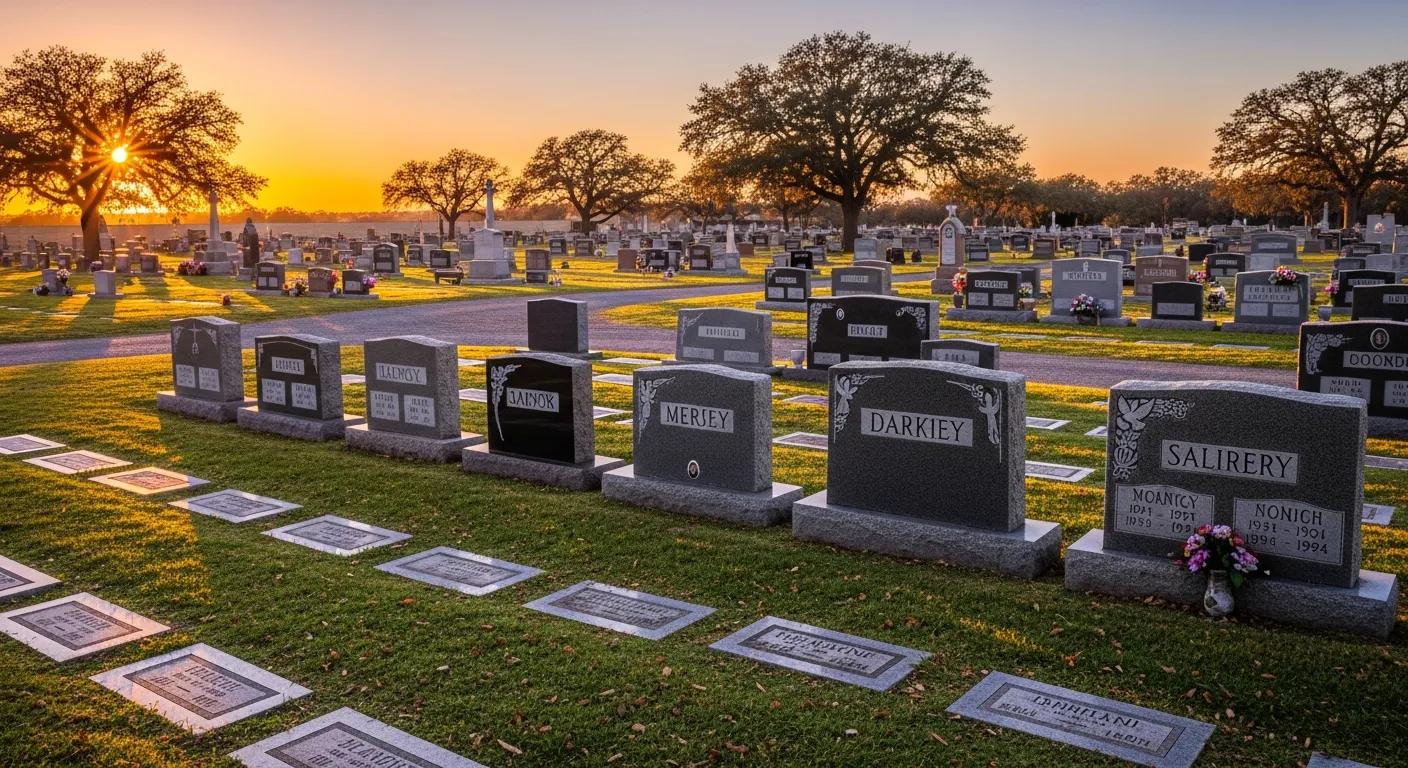 Flat and upright headstones in a peaceful cemetery, showing common memorial styles