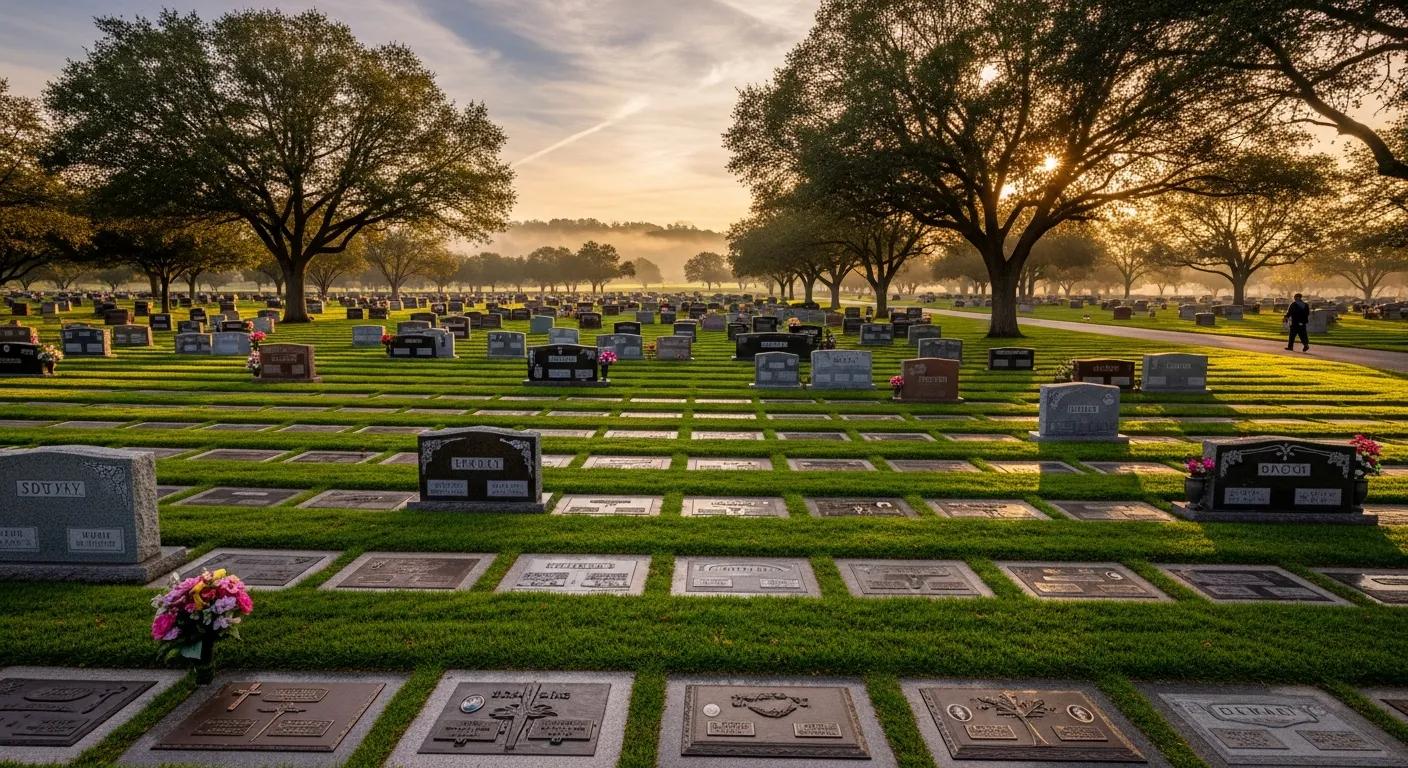 Flat grave markers in a peaceful cemetery, illustrating memorial placement