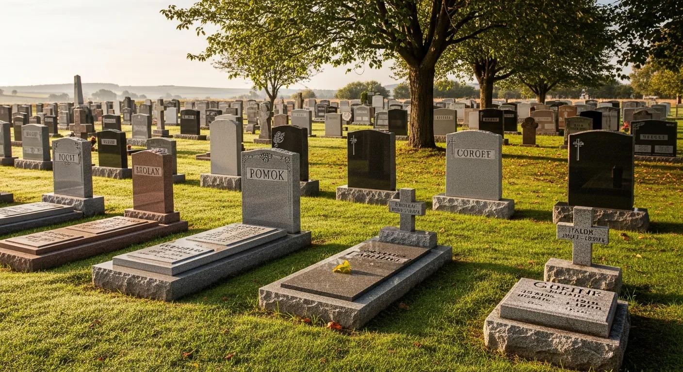 Variety of affordable grave markers in a peaceful cemetery, showing granite, concrete, and sandstone choices