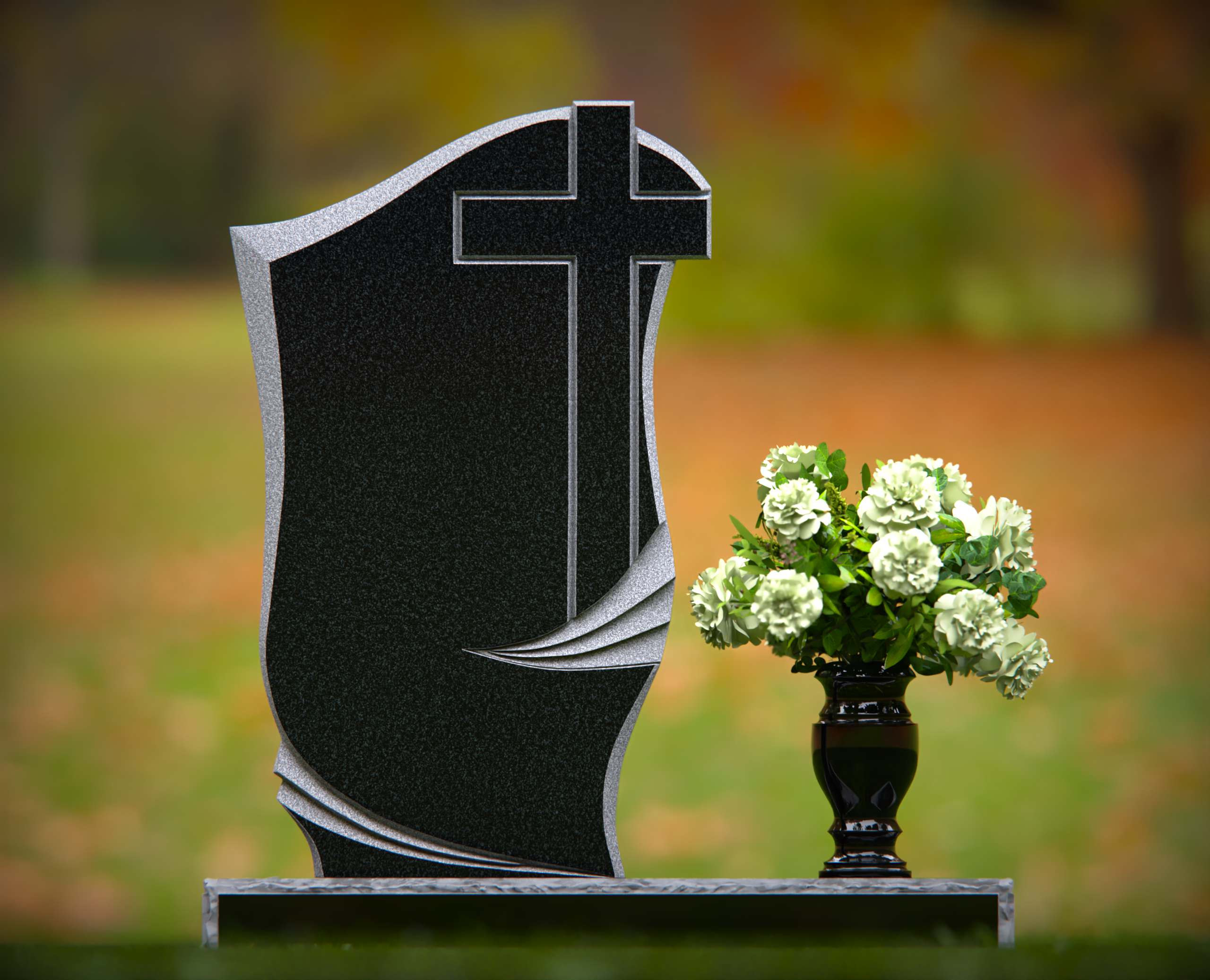 1302-111-8.jpg Christian Cross Shape Granite Headstone with Flowing Drape - Image 1