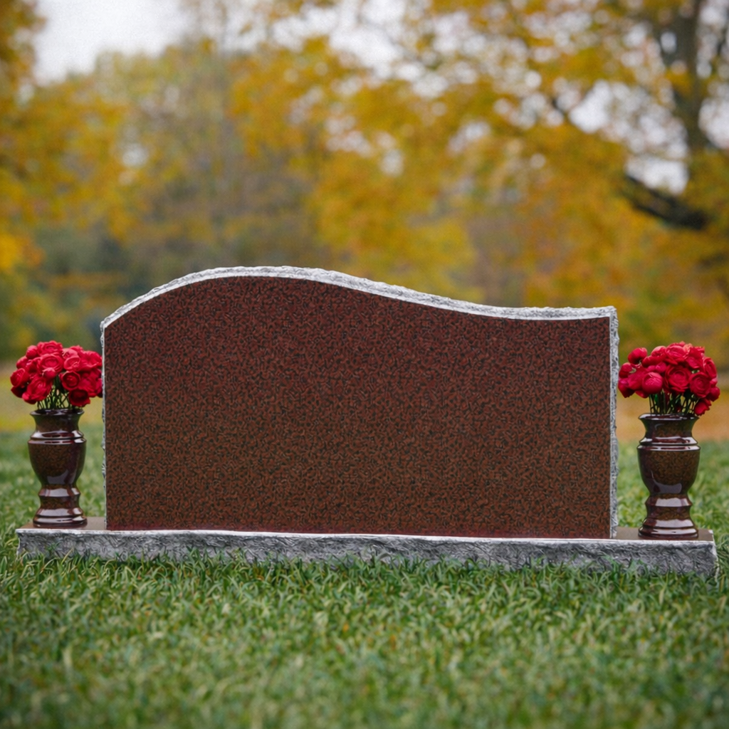 82a3ec2b-fe0d-45a1-87ae-3596d2dc7ad7 Serpentine-Top Companion Upright Granite Headstone with Two Vases - Image 1